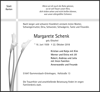 Anzeige von Margarete Schenk von Kölner Stadt-Anzeiger / Kölnische Rundschau / Express