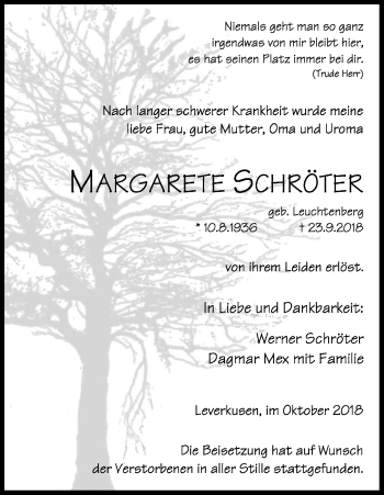 Anzeige von Margarete Schröter von Kölner Stadt-Anzeiger / Kölnische Rundschau / Express