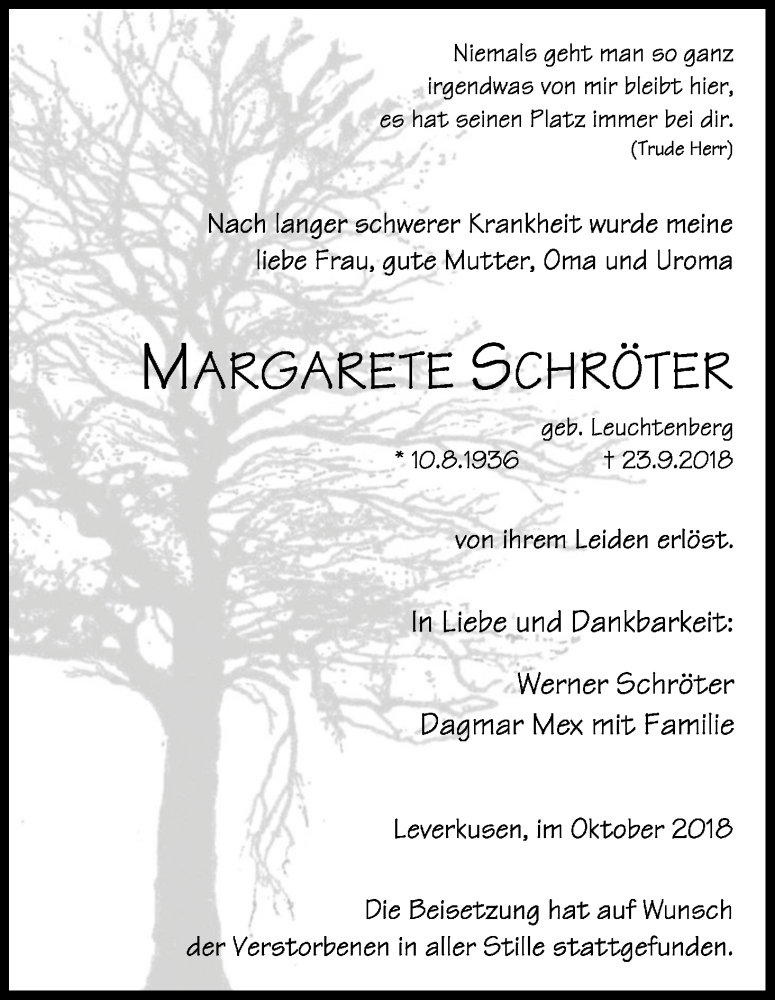  Traueranzeige für Margarete Schröter vom 06.10.2018 aus Kölner Stadt-Anzeiger / Kölnische Rundschau / Express