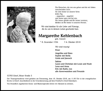 Anzeige von Margarethe Kehlenbach von Kölner Stadt-Anzeiger / Kölnische Rundschau / Express