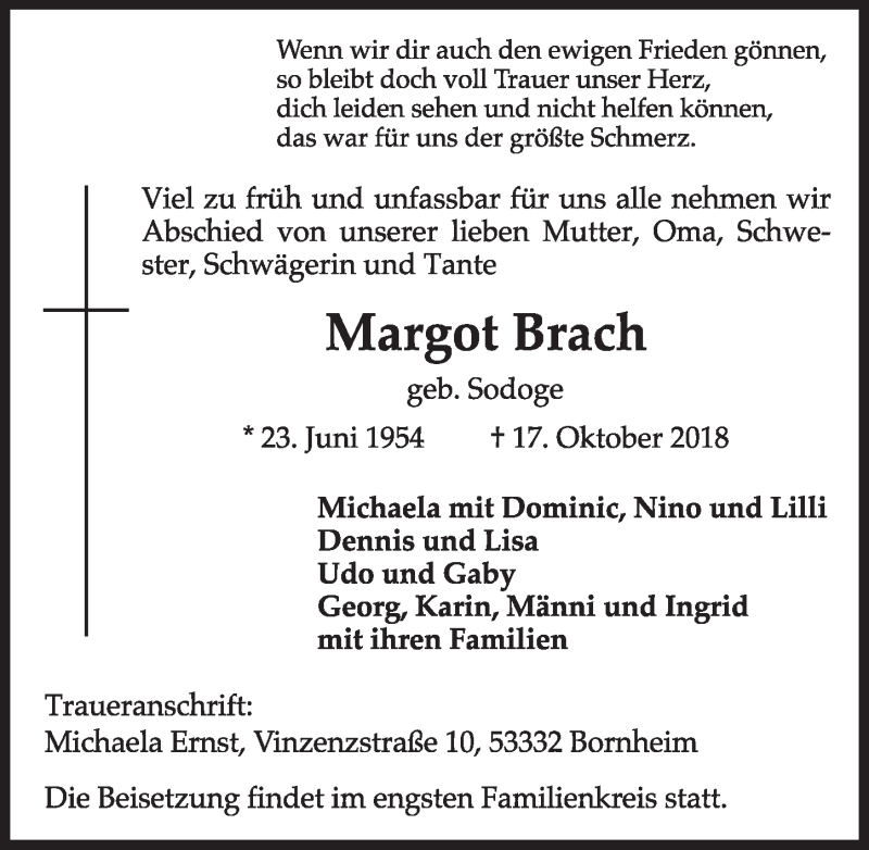  Traueranzeige für Margot Brach vom 24.10.2018 aus  Schlossbote/Werbekurier 