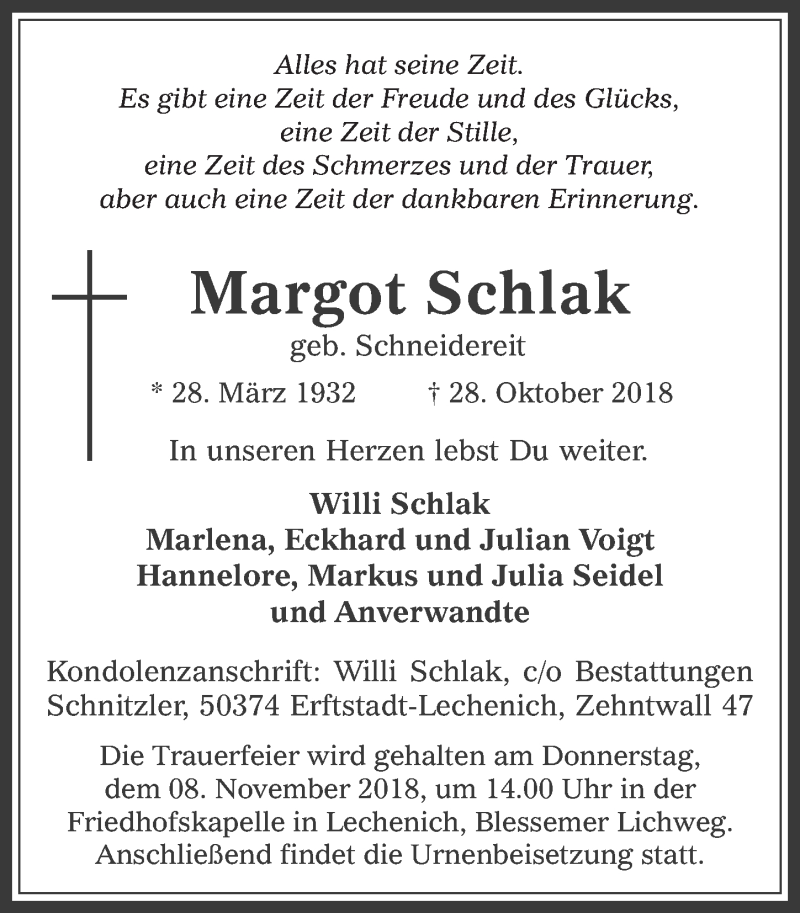  Traueranzeige für Margot Schlak vom 31.10.2018 aus  Werbepost 