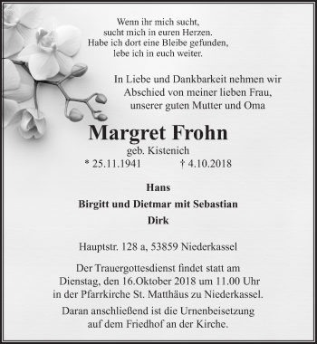 Anzeige von Margret Frohn von  Extra Blatt 