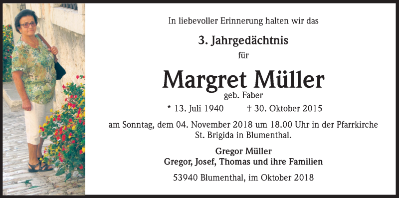  Traueranzeige für Margret Müller vom 27.10.2018 aus Kölner Stadt-Anzeiger / Kölnische Rundschau / Express