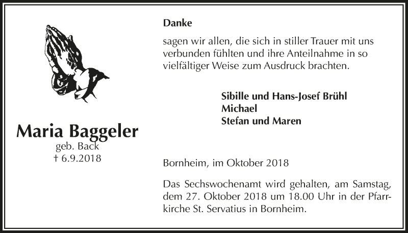  Traueranzeige für Maria Baggeler vom 10.10.2018 aus  Schaufenster/Blickpunkt 
