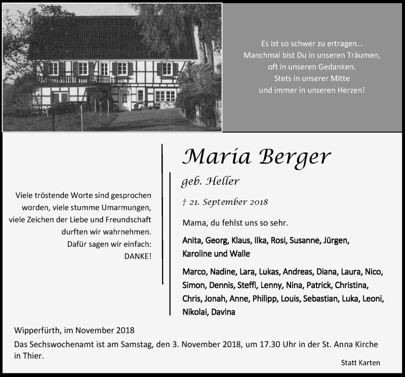  Traueranzeige für Maria Berger vom 31.10.2018 aus  Anzeigen Echo 