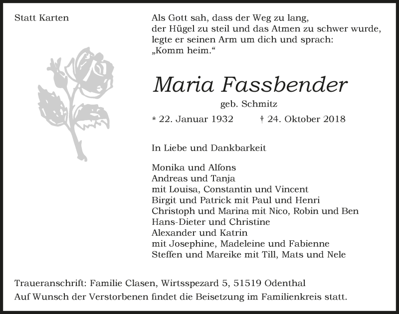  Traueranzeige für Maria Fassbender vom 31.10.2018 aus  Bergisches Handelsblatt 