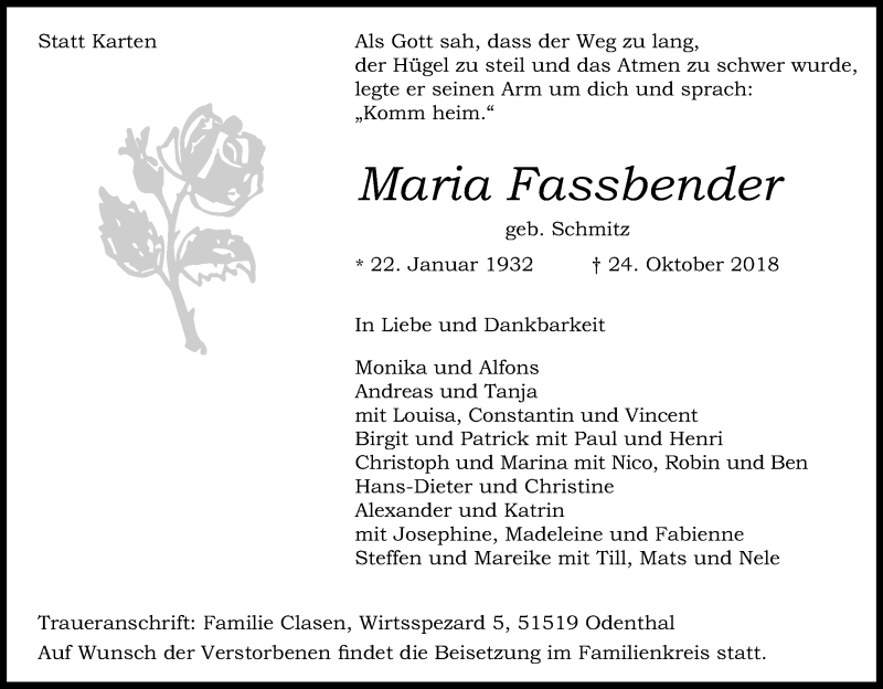  Traueranzeige für Maria Fassbender vom 31.10.2018 aus Kölner Stadt-Anzeiger / Kölnische Rundschau / Express