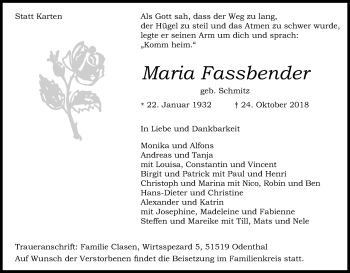 Anzeige von Maria Fassbender von Kölner Stadt-Anzeiger / Kölnische Rundschau / Express