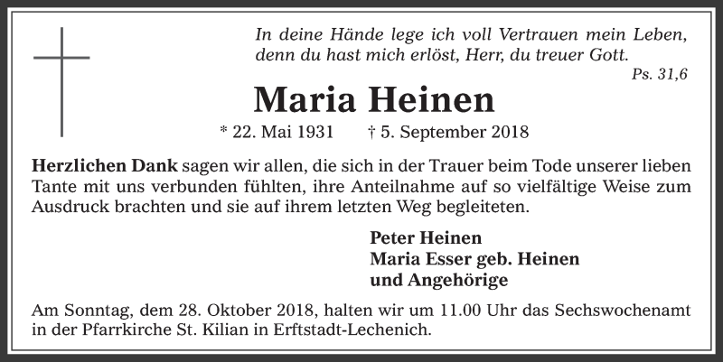  Traueranzeige für Maria Heinen vom 24.10.2018 aus  Werbepost 