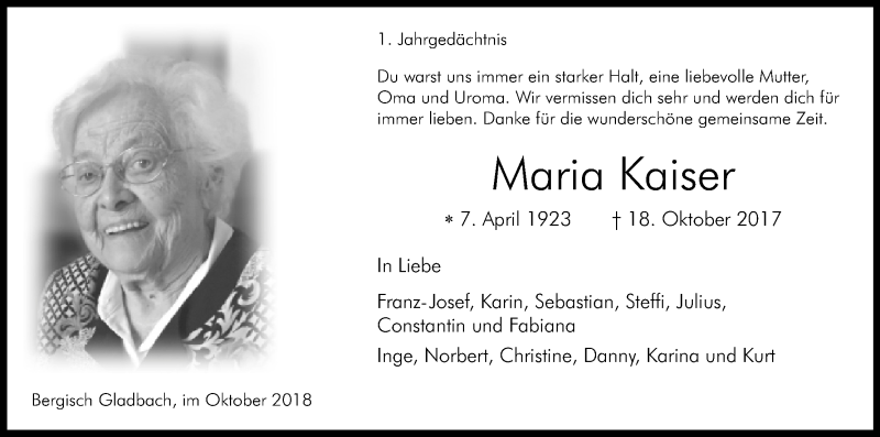  Traueranzeige für Maria Kaiser vom 18.10.2018 aus Kölner Stadt-Anzeiger / Kölnische Rundschau / Express