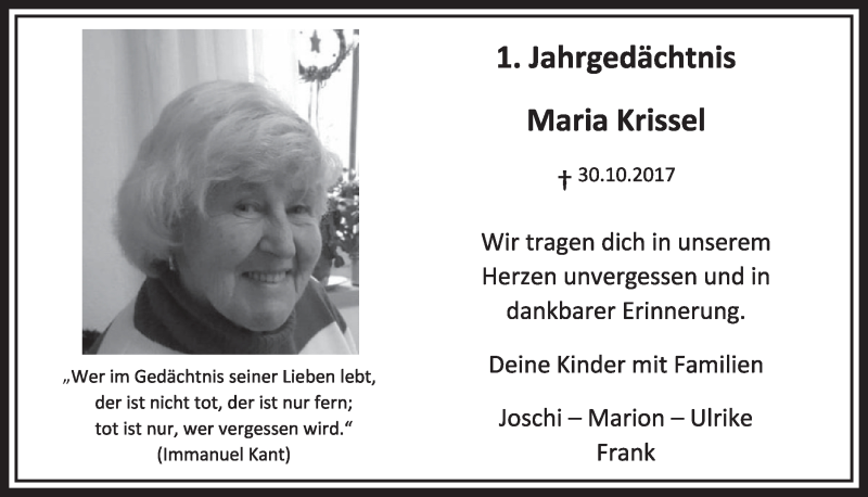  Traueranzeige für Maria Krissel vom 31.10.2018 aus  Schlossbote/Werbekurier 