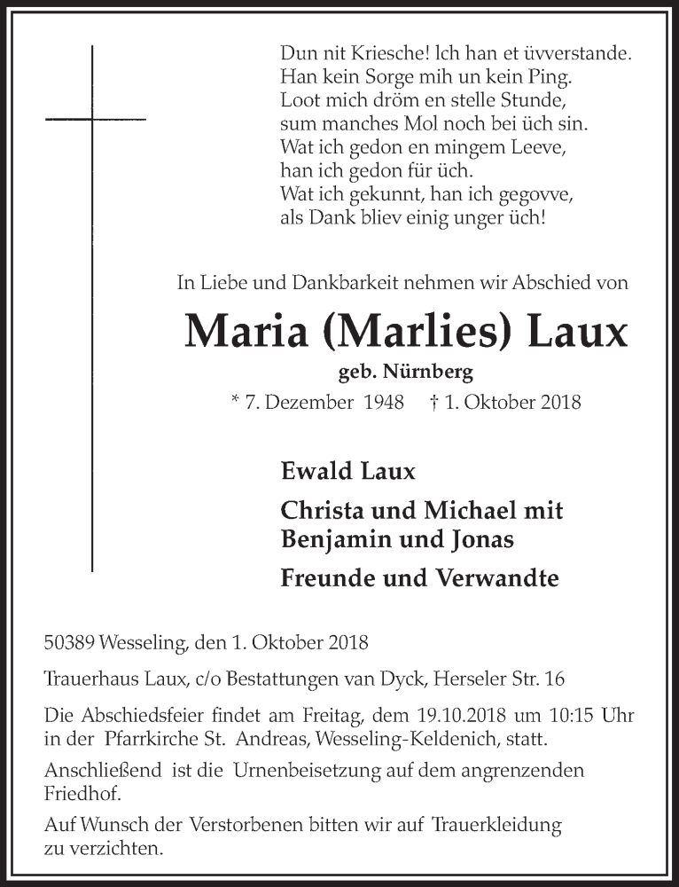  Traueranzeige für Maria Laux vom 10.10.2018 aus  Schlossbote/Werbekurier 