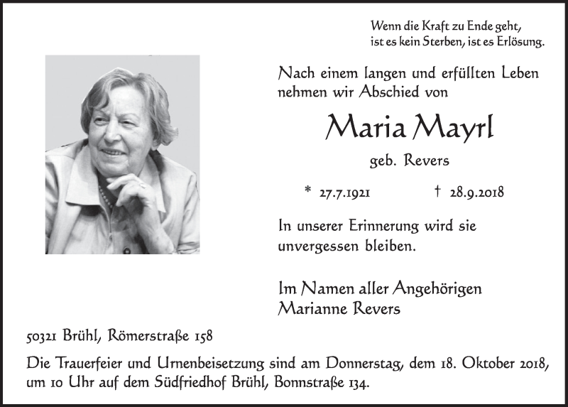  Traueranzeige für Maria Mayrl vom 10.10.2018 aus  Schlossbote/Werbekurier 