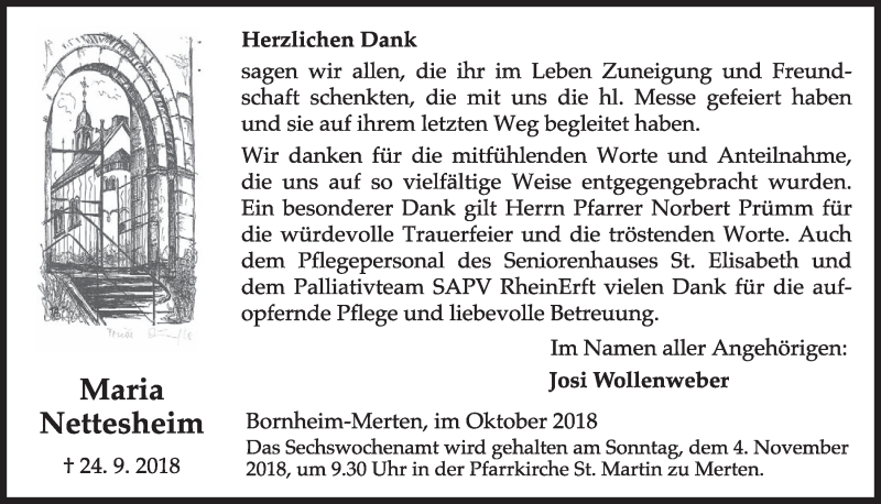  Traueranzeige für Maria Nettesheim vom 24.10.2018 aus  Schlossbote/Werbekurier 
