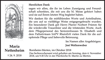 Anzeige von Maria Nettesheim von  Schlossbote/Werbekurier 