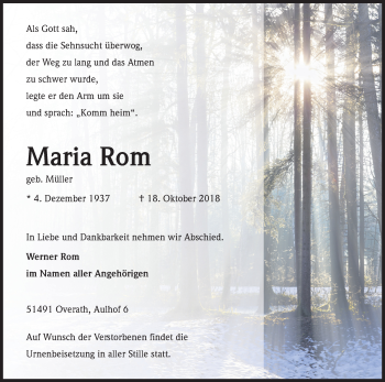 Anzeige von Maria Rom von Kölner Stadt-Anzeiger / Kölnische Rundschau / Express