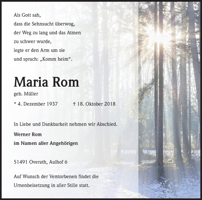  Traueranzeige für Maria Rom vom 20.10.2018 aus Kölner Stadt-Anzeiger / Kölnische Rundschau / Express