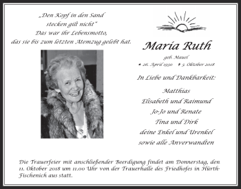 Anzeige von Maria Ruth von  Wochenende 