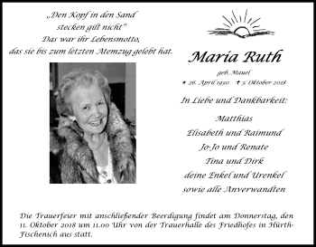 Anzeige von Maria Ruth von Kölner Stadt-Anzeiger / Kölnische Rundschau / Express