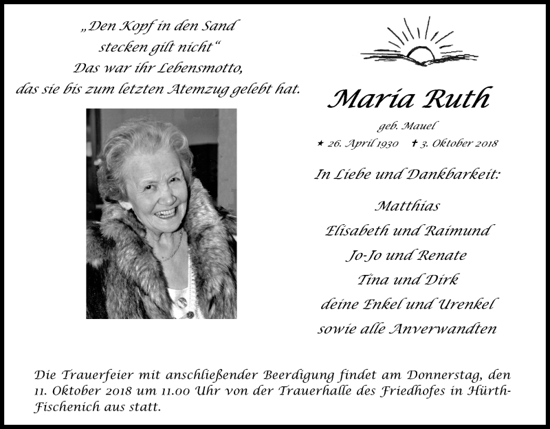  Traueranzeige für Maria Ruth vom 06.10.2018 aus Kölner Stadt-Anzeiger / Kölnische Rundschau / Express