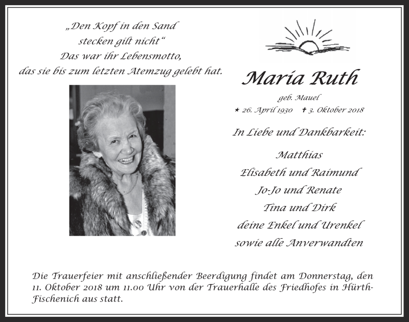  Traueranzeige für Maria Ruth vom 10.10.2018 aus  Wochenende 