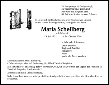 Anzeige von Maria Schellberg von Kölner Stadt-Anzeiger / Kölnische Rundschau / Express