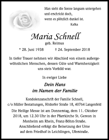 Anzeige von Maria Schnell von Kölner Stadt-Anzeiger / Kölnische Rundschau / Express