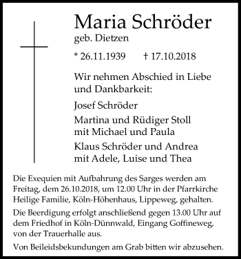 Anzeige von Maria Schröder von Kölner Stadt-Anzeiger / Kölnische Rundschau / Express