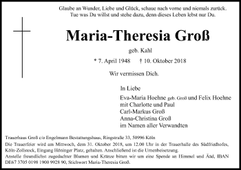 Anzeige von Maria-Theresia Groß von Kölner Stadt-Anzeiger / Kölnische Rundschau / Express