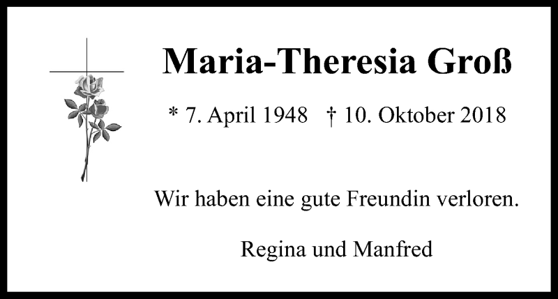  Traueranzeige für Maria-Theresia Groß vom 27.10.2018 aus Kölner Stadt-Anzeiger / Kölnische Rundschau / Express