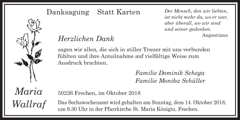  Traueranzeige für Maria Wallraf vom 13.10.2018 aus  Sonntags-Post 