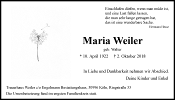 Anzeige von Maria Weiler von  Kölner Wochenspiegel 