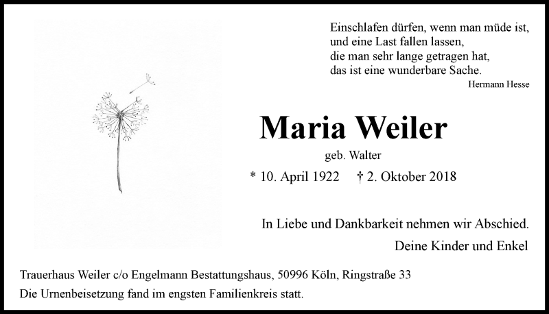  Traueranzeige für Maria Weiler vom 24.10.2018 aus  Kölner Wochenspiegel 