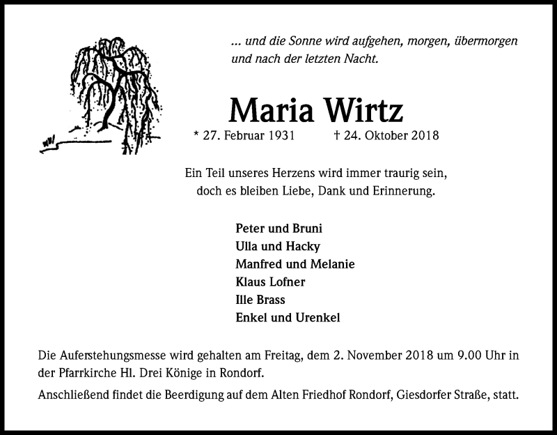  Traueranzeige für Maria Wirtz vom 27.10.2018 aus Kölner Stadt-Anzeiger / Kölnische Rundschau / Express