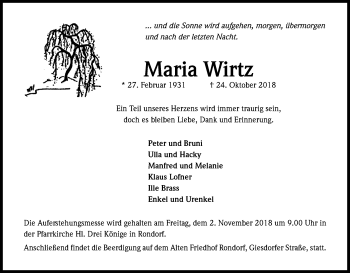 Anzeige von Maria Wirtz von Kölner Stadt-Anzeiger / Kölnische Rundschau / Express