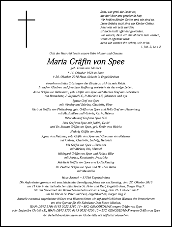 Anzeige von Maria von Spee von Kölner Stadt-Anzeiger / Kölnische Rundschau / Express
