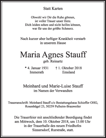 Anzeige von Maria Agnes Stauff von  Sonntags-Post 