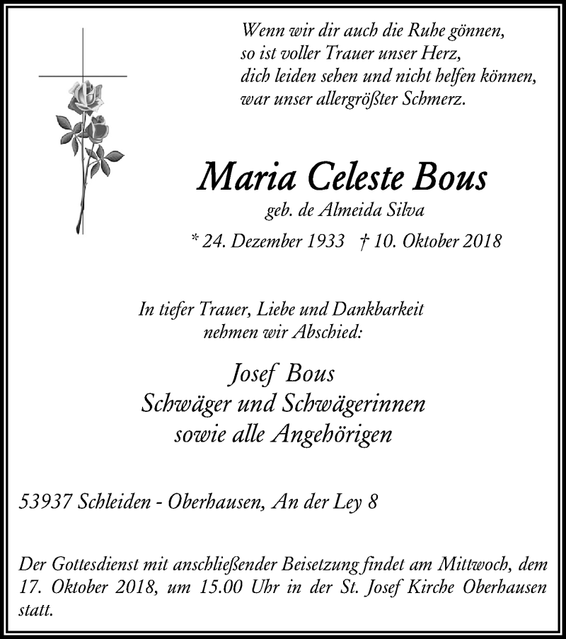  Traueranzeige für Maria Celeste Bous vom 16.10.2018 aus Kölner Stadt-Anzeiger / Kölnische Rundschau / Express