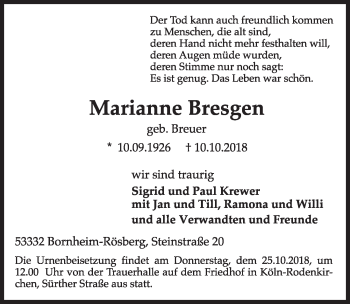 Anzeige von Marianne Bresgen von  Kölner Wochenspiegel 