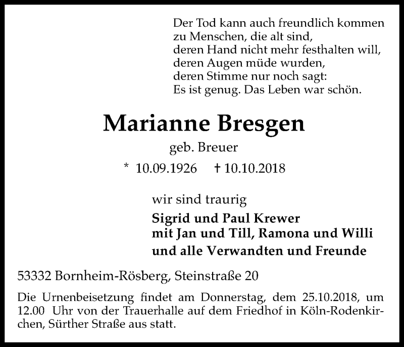  Traueranzeige für Marianne Bresgen vom 20.10.2018 aus Kölner Stadt-Anzeiger / Kölnische Rundschau / Express