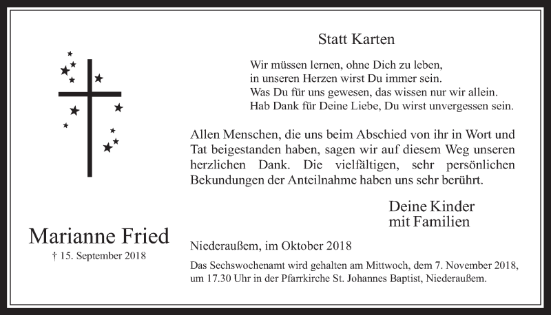  Traueranzeige für Marianne Fried vom 31.10.2018 aus  Werbepost 