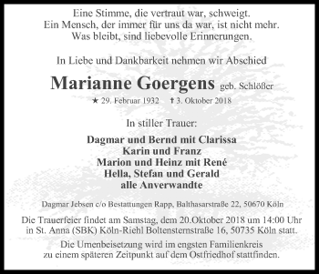 Anzeige von Marianne Goergens von Kölner Stadt-Anzeiger / Kölnische Rundschau / Express