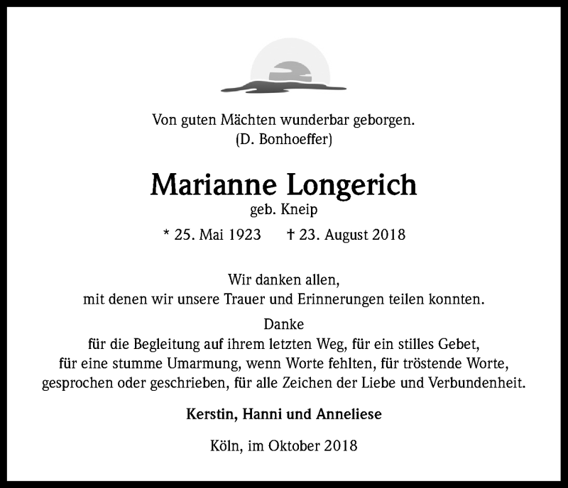  Traueranzeige für Marianne Longerich vom 06.10.2018 aus Kölner Stadt-Anzeiger / Kölnische Rundschau / Express