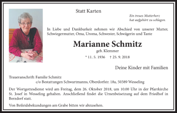 Anzeige von Marianne Schmitz von  Schlossbote/Werbekurier 