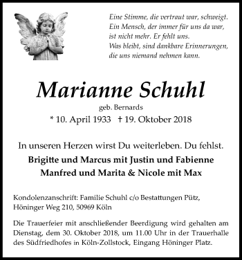 Anzeige von Marianne Schuhl von Kölner Stadt-Anzeiger / Kölnische Rundschau / Express
