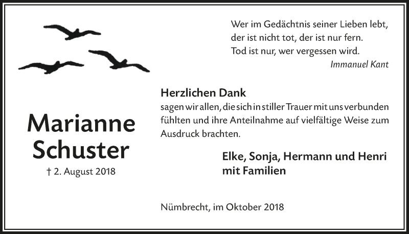  Traueranzeige für Marianne Schuster vom 03.10.2018 aus  Lokalanzeiger 