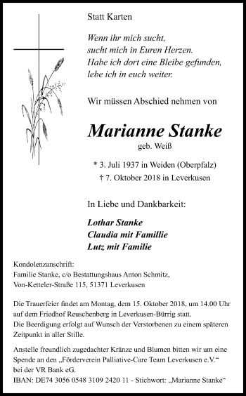 Anzeige von Marianne Stanke von Kölner Stadt-Anzeiger / Kölnische Rundschau / Express