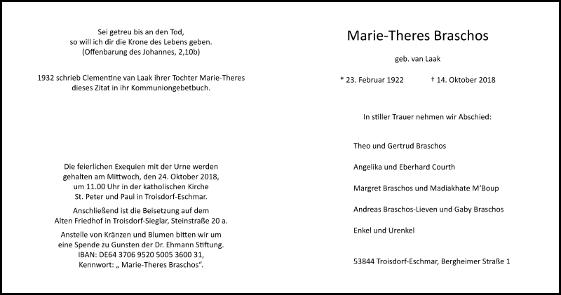  Traueranzeige für Marie-Theres Braschos vom 20.10.2018 aus Kölner Stadt-Anzeiger / Kölnische Rundschau / Express