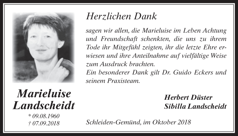  Traueranzeige für Marieluise Lanscheidt vom 17.10.2018 aus  Werbepost 